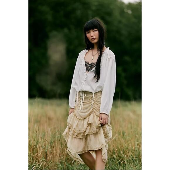 Free People Calliope Ruffle Midi Skirt Sage Medium NWT Ethereal Western Bohemian - Picture 10 of 15